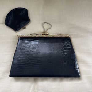 Vintage 1950 Purse Black Clutch Handbag Lizard Turquoise & Attached Coin Purse